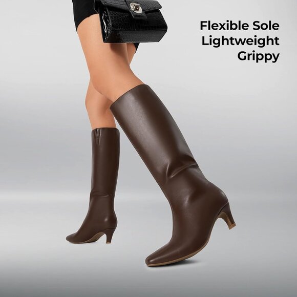 Women Brown Knee High Boots 2 Inch Kitten Heel Fashion Sexy Square Toe Wide Calf - Picture 4 of 8